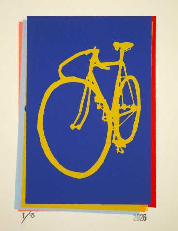 Classic Track Bike Silhouette Screenprint Blue and Yellow