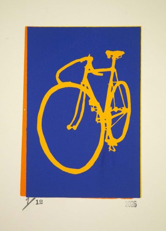 Classic Track Bike Silhouette Screenprint Blue and Yellow