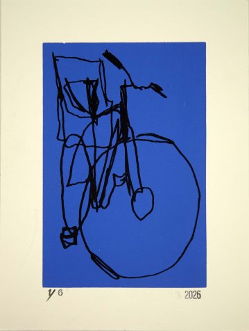 bike with baby seat line drawing screenprint on Blue