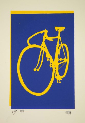 Classic Track Bike Silhouette Screenprint Blue and Yellow