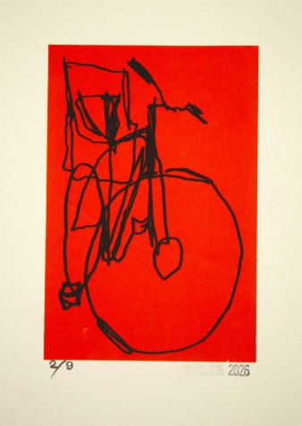 bike with baby seat line drawing screenprint on red