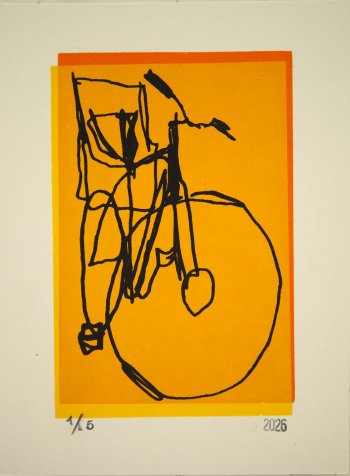bike with baby seat line drawing screenprint on yellow orange