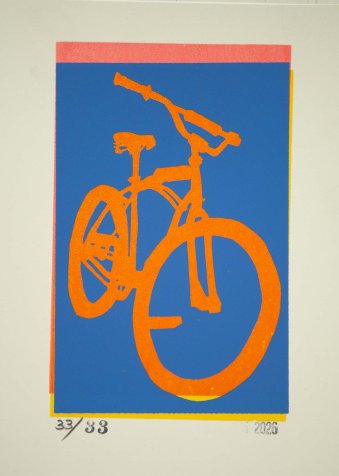 Bill's Whiplash II – Reverse silhouette bicycle screenprint in blue and orange