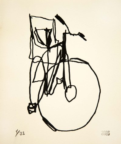 bike with baby seat dine drawing screenprint, Black on white