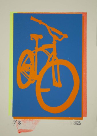 Bill's Whiplash II – Reverse silhouette bicycle screenprint in blue and florescent yellow and fire red
