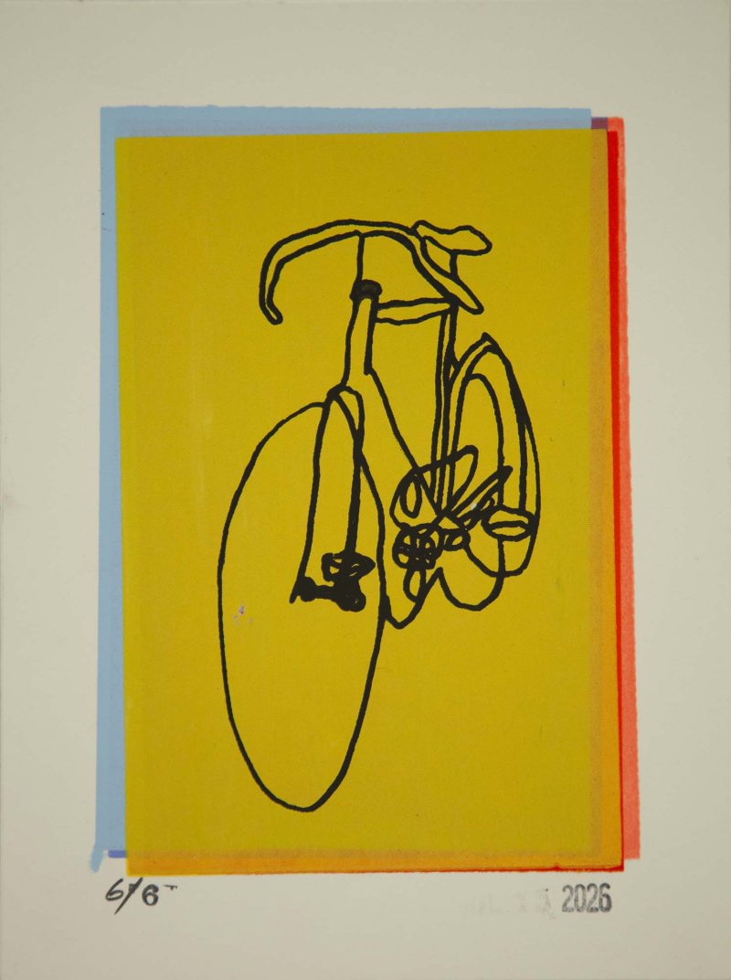 Racycle Bicycle Scribble Line Drawing Print on Yellow with color zips