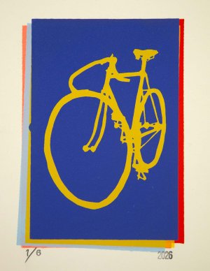 Classic Track Bike Silhouette Screenprint Blue and Yellow