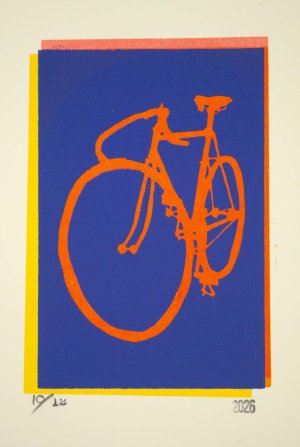 Classic Track Bike Silhouette Screenprint Blue and fire red