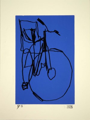 bike with baby seat line drawing screenprint on Blue