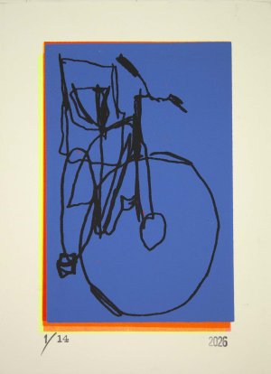 bike with baby seat line drawing screenprint on Blue