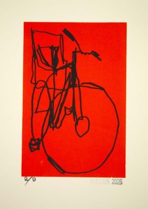 bike with baby seat line drawing screenprint on red