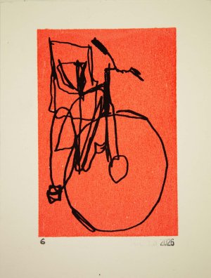 bike with baby seat line drawing screenprint on fire red