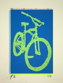Bill's Whiplash II – Reverse silhouette bicycle screenprint in blue and green