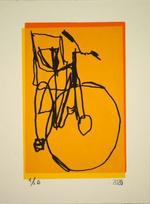 bike with baby seat line drawing screenprint on yellow orange