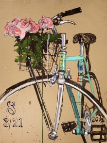  Bianchi bicycle with a basket of pink roses, hand-colored kitchen lithograph on Stonehenge kraft paper