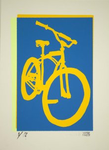 Bill's Whiplash II – Reverse silhouette bicycle screenprint in blue and yellow
