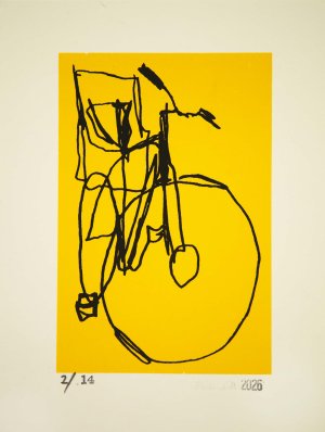 bike with baby seat line drawing screenprint on yellow