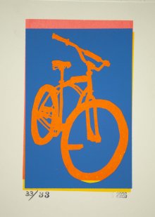 Bill's Whiplash II – Reverse silhouette bicycle screenprint in blue and orange