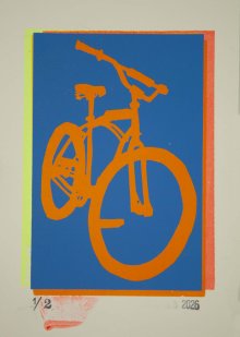 Bill's Whiplash II – Reverse silhouette bicycle screenprint in blue and florescent yellow and fire red